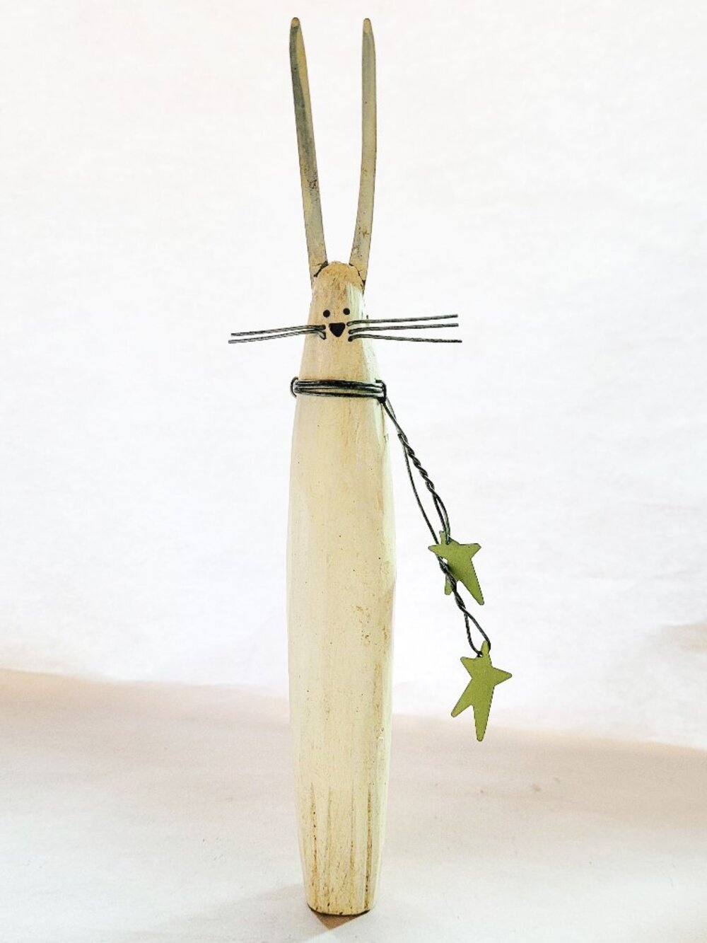 Hand-Carved Wooden Bunny Figure with Star Charms